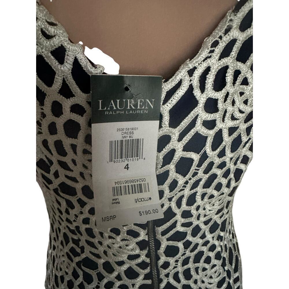 Ralph Lauren Navy & Ivory Crochet Lace Sheath Dress Sz-4 –Sleeveless Knee-Length - Picture 5 of 7